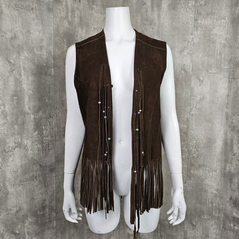 Vintage 70s Pioneer Wear Suede Fringe Vest Beaded Western Hippie Boho Festival